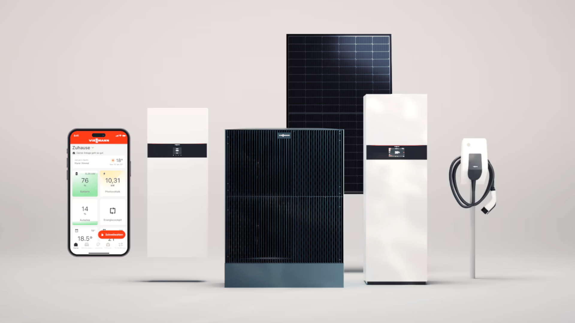 Viessmann Heizsysteme, Solarpaneel, Wallbox und Smartphone mit ViCare App auf weißem Hintergrund.